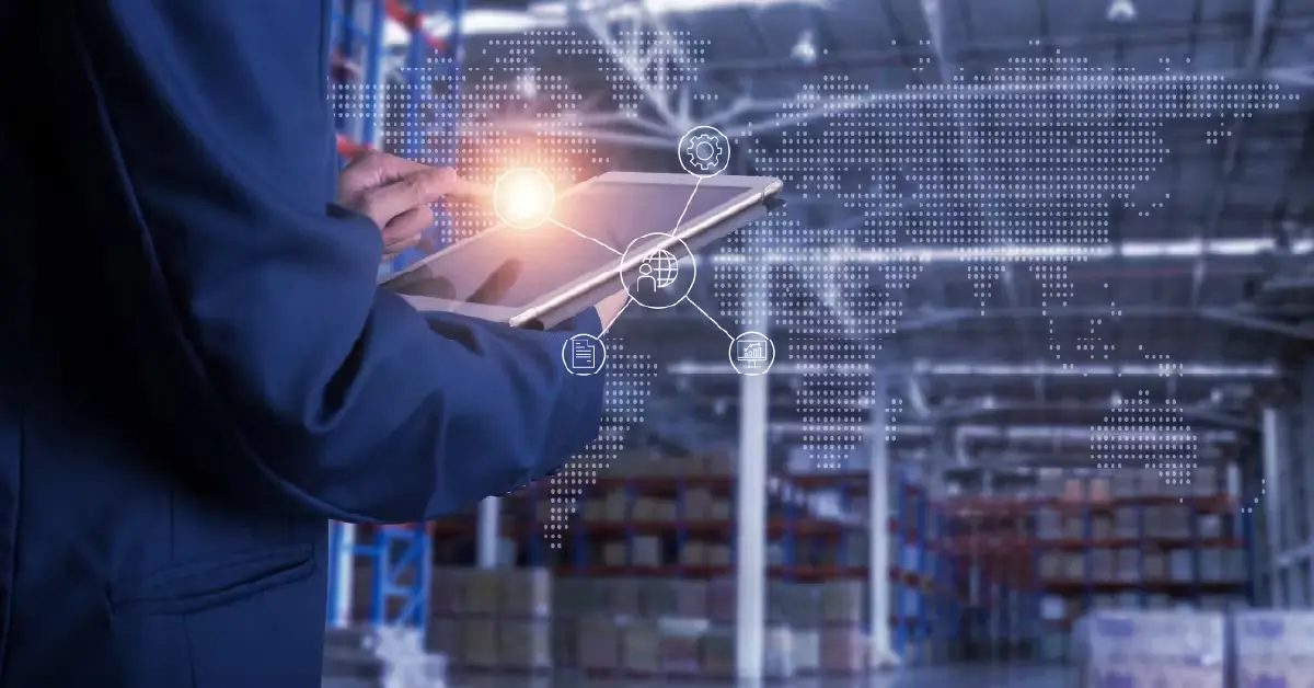 Staff using connected worker platform to update his work in the warehouse